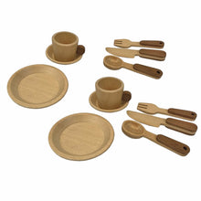 Natural wooden breakfast utensils playset including cups, plates and cutlery, on a white background.
