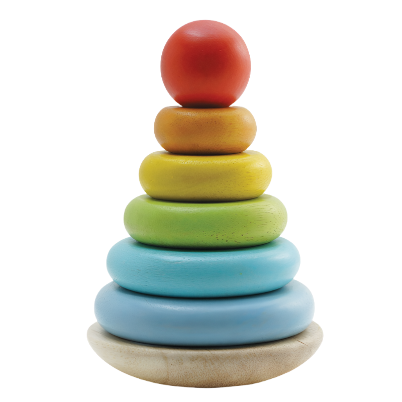 A wooden stacking toy consisting of a wobbly base and six colorful stackable rings in increasing sizes from bottom to top.