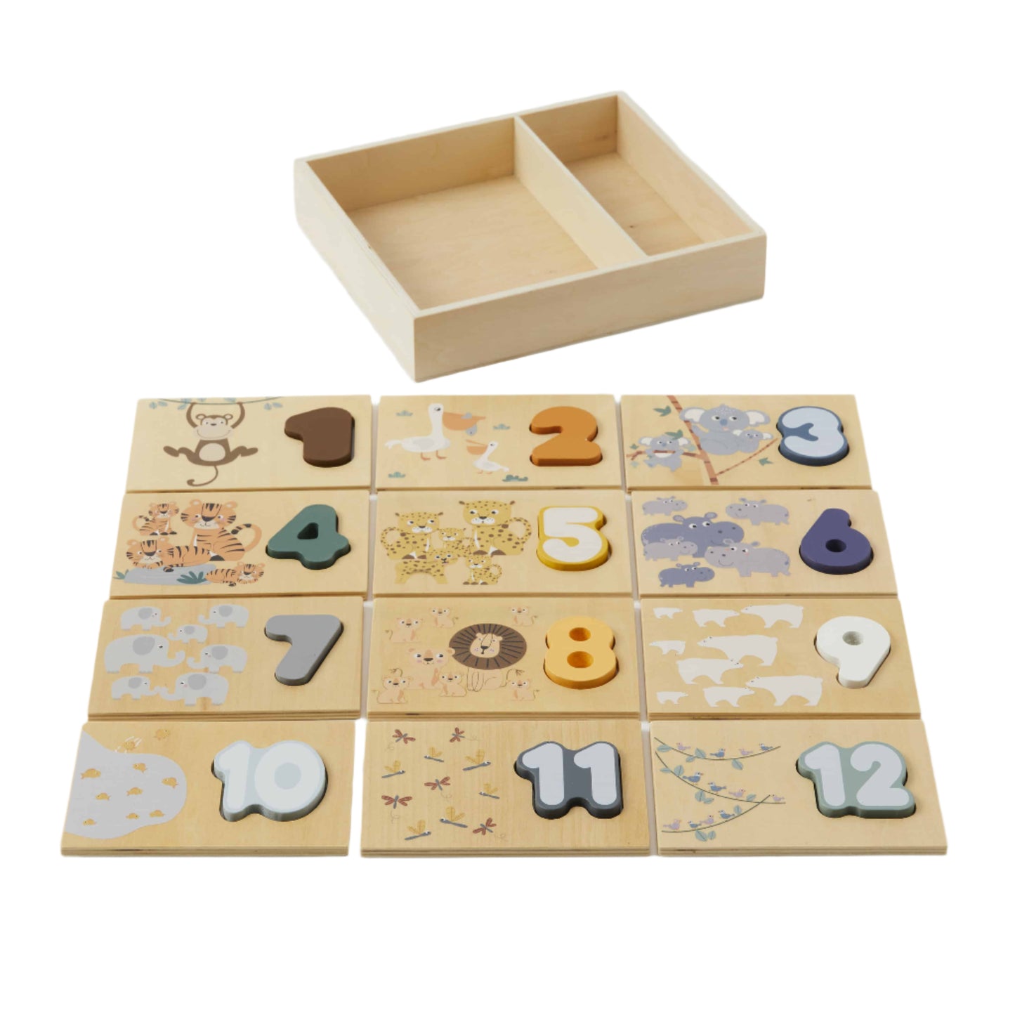 A wooden number sorter puzzle with numbers 0 to 9 and corresponding animal pictures.