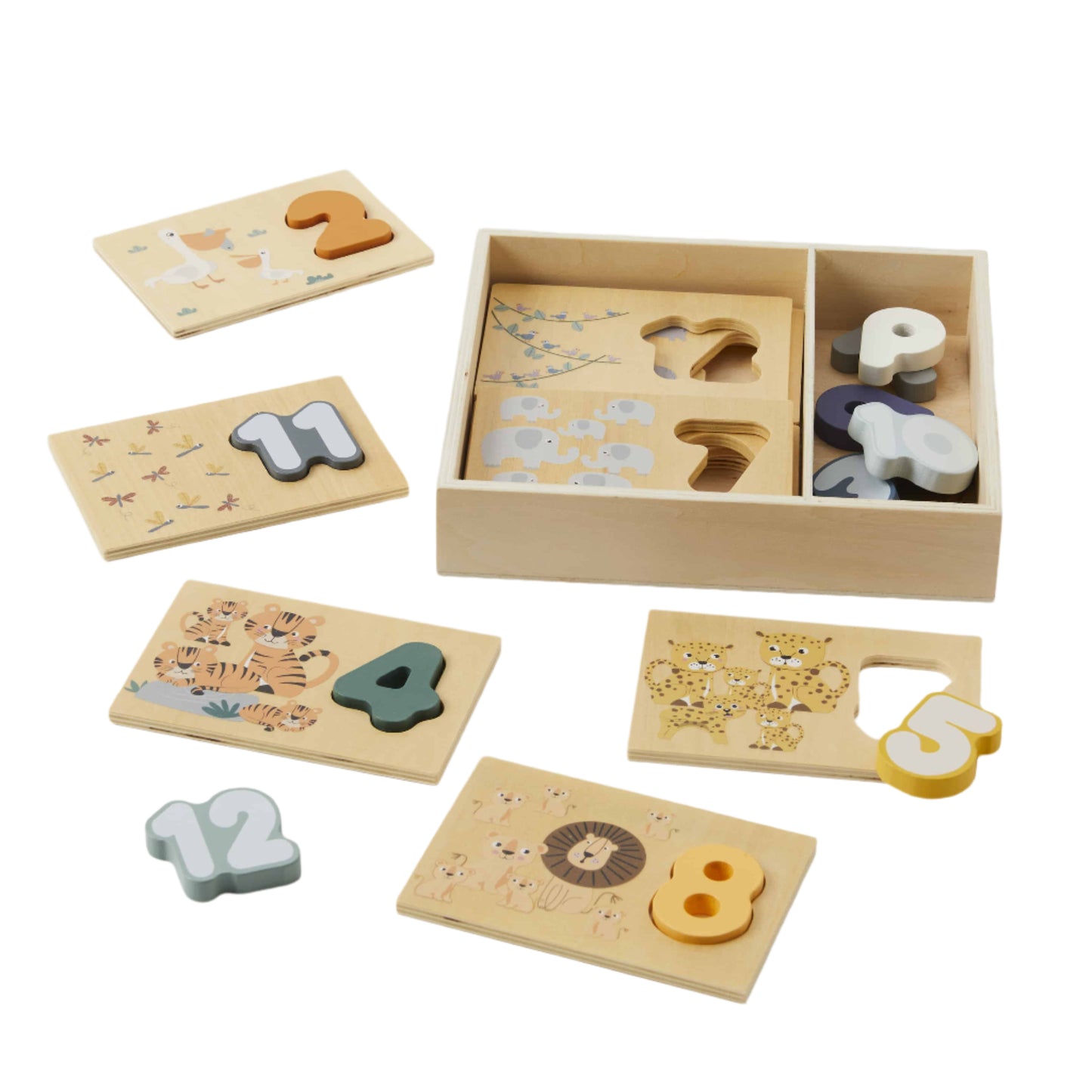 A wooden number sorter puzzle with various numbers and animal pictures on the pieces, displayed both inside a beige box and scattered outside.