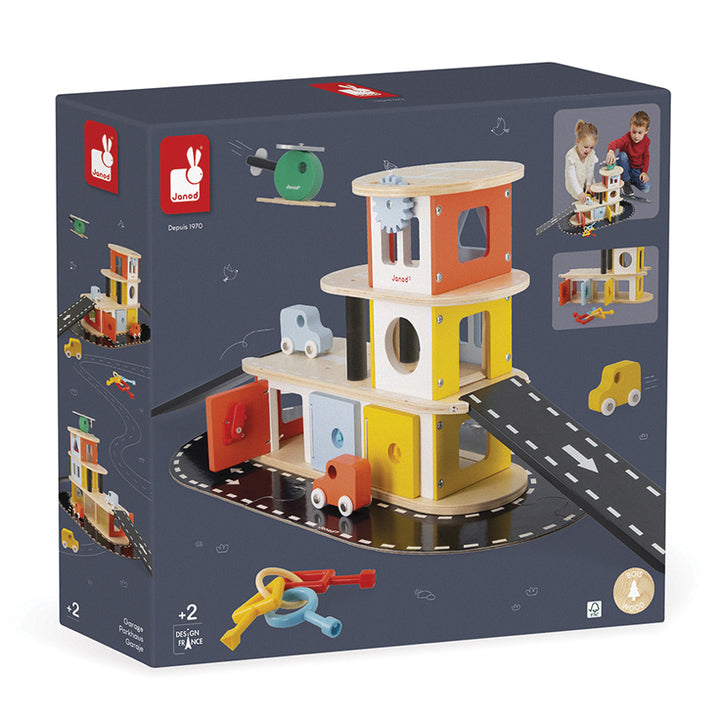 Janod garage playset in cardboard retail box - Send A Toy