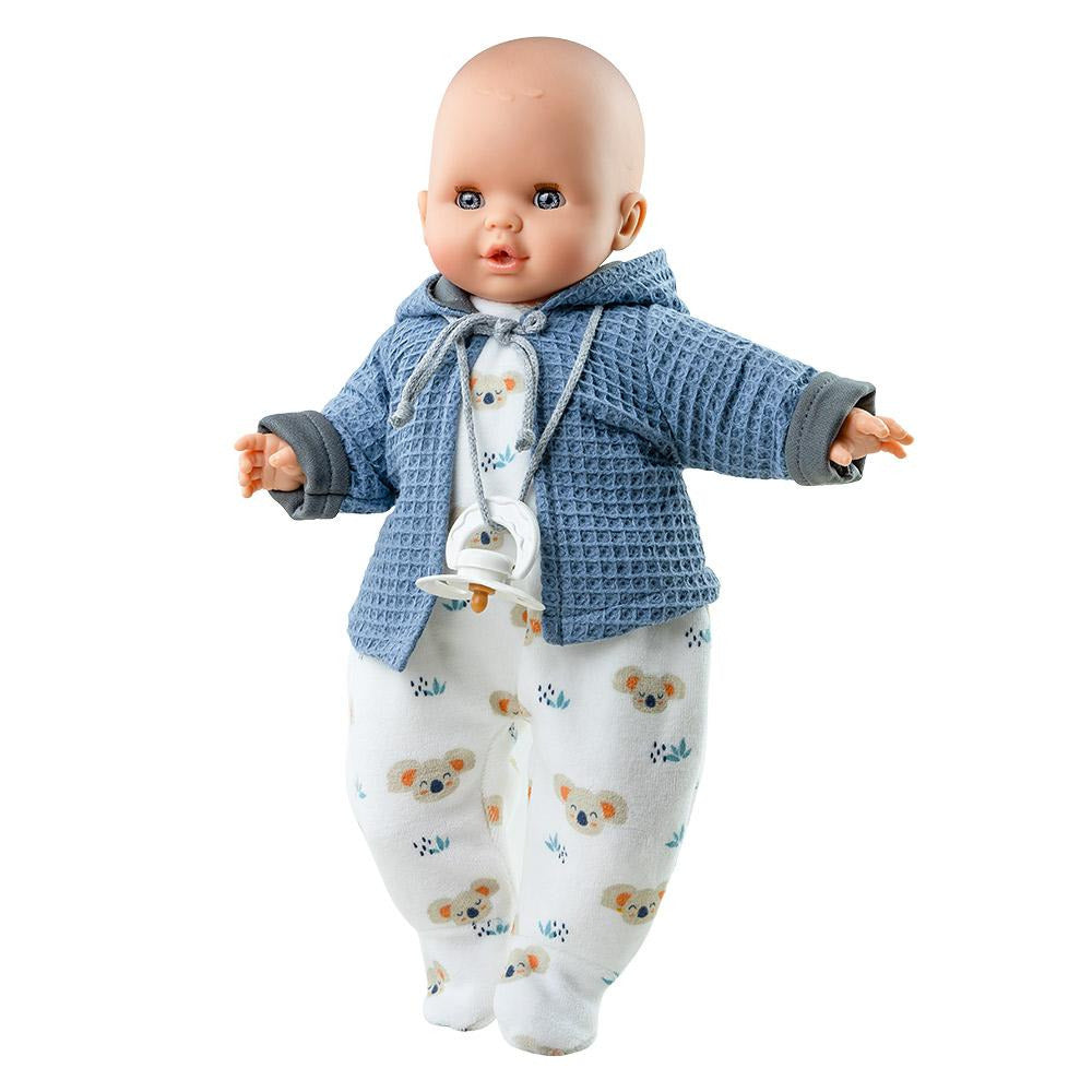 Alex Manus Vinyl Soft Body Doll 36cm wearing koala motif jumpsuit - blue jacket - Paola Reina 