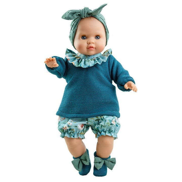 Paola Reina Julia Manus 36 cm doll teal jumper, floral jumpsuit, headband - Send A Toy
