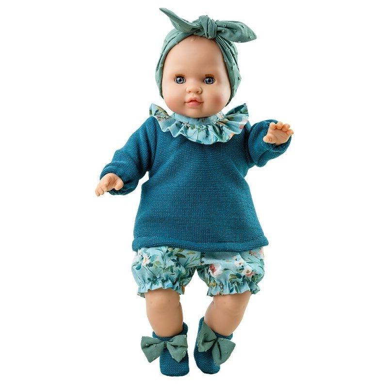 Paola Reina Julia Manus 36 cm doll teal jumper, floral jumpsuit, headband - Send A Toy