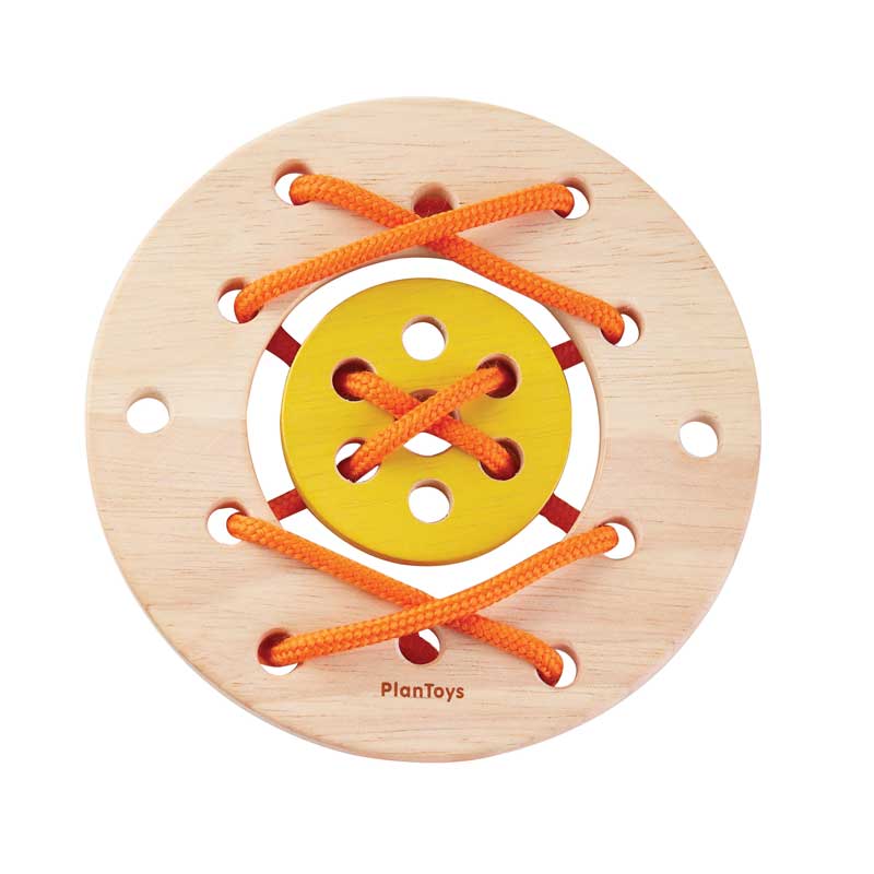 A wooden lacing ring toy with orange laces and a yellow inner circle, designed for kids to develop motor skills.