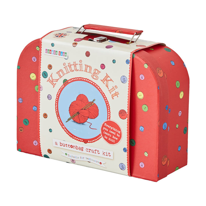 Children's red cardboard suitcase with learn to knit materials - Button Bag - Send A Toy
