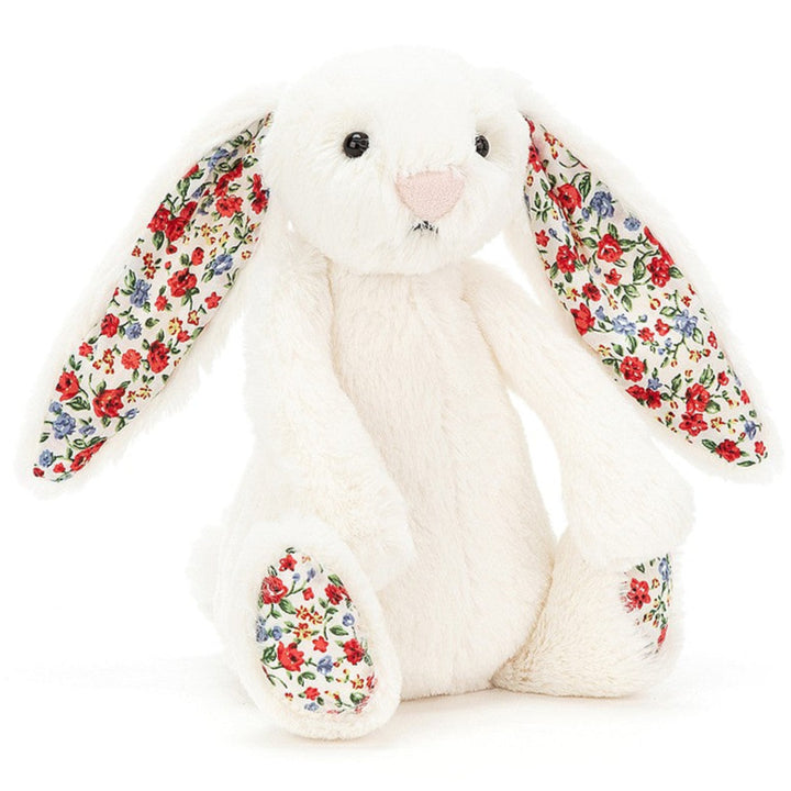 Jellycat Blossom Bashful Bunny Cream Small, pink nose, red and blue floaral fabric ears