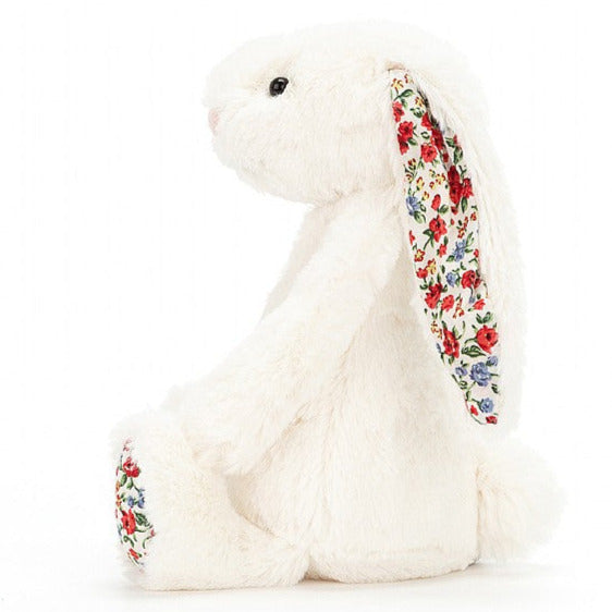 Jellycat Blossom Bashful Bunny Cream Small, pink nose, red and blue floaral fabric ears
