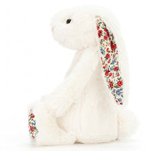 Jellycat Blossom Bashful Bunny Cream Small, pink nose, red and blue floaral fabric ears