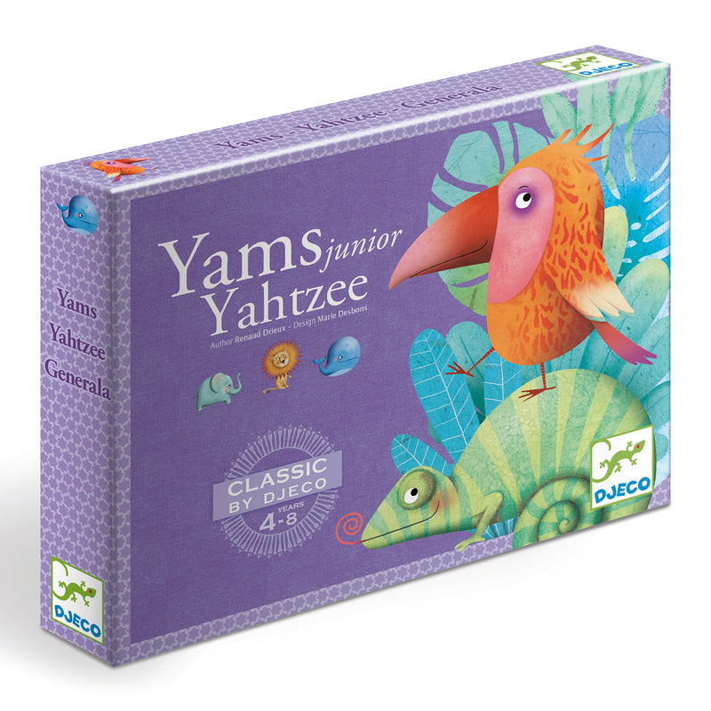 Childrens Yahtzee game classic by Djeco, purple box with jungle illustrations - Djeco games at Send A Toy