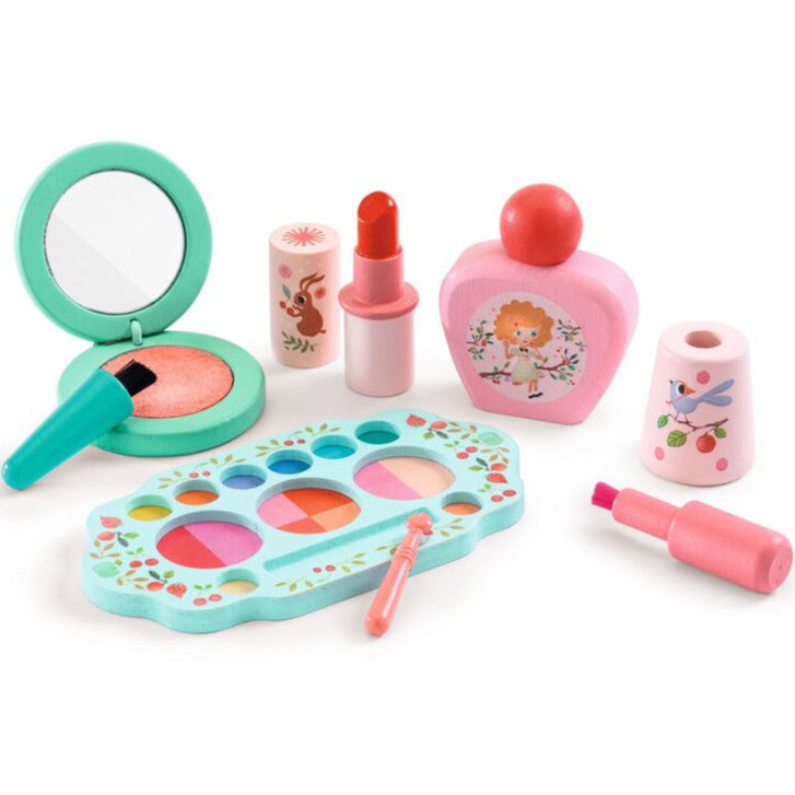 Pink and Aqua wooden pretend-play make-up set  with pretty illustrated box - Djeco toys at Send A Toy