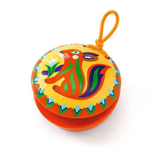 A colorful wooden castanet featuring a fox design, intended as a musical toy for children.