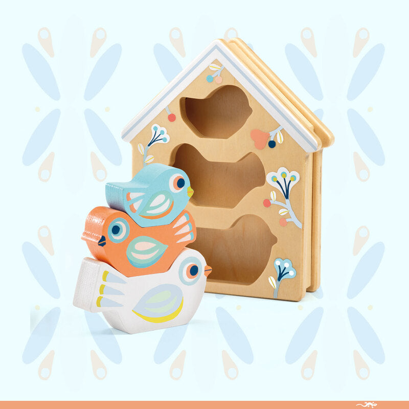 Wooden Baby Bird Shape Sorting House toy with 3 wooden birds  - Djeco