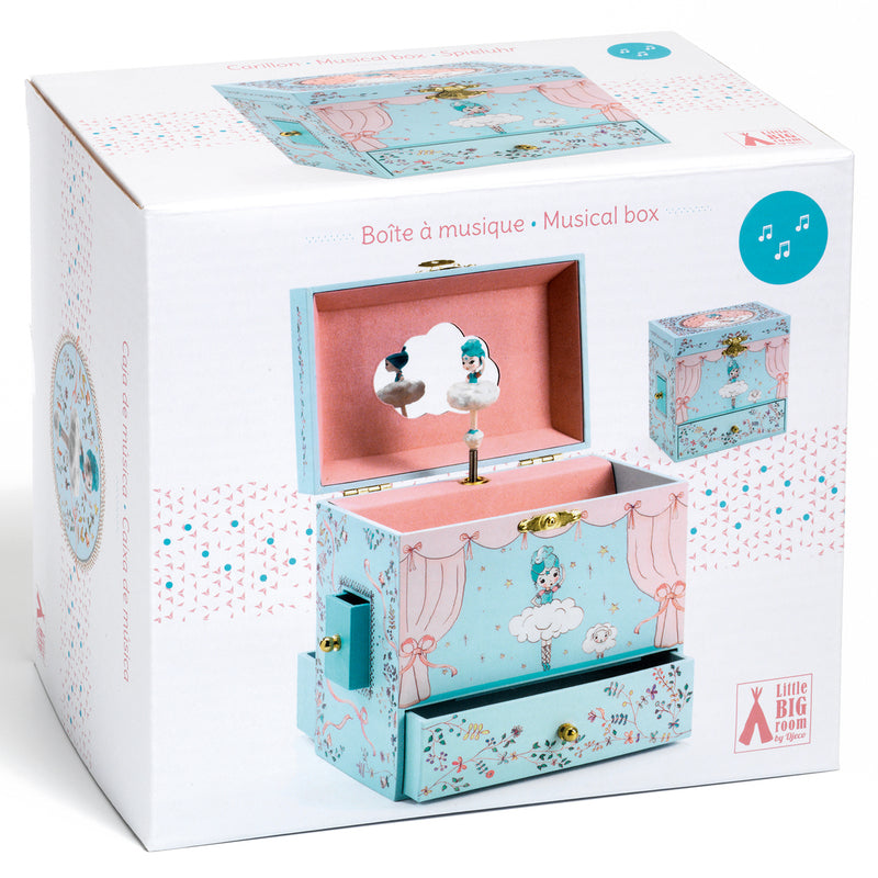 White and blue retail box for Musical Box toy on a white background.