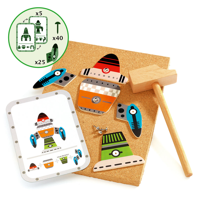 Space themed Hammer Tap Tap Game with wooden mallet and cork hammer board - Djeco