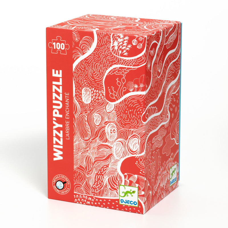 A red-colored puzzle box with intricate patterns and the Wizzy Puzzle brand logo, indicating it is a 100-piece jigsaw puzzle designed for children.