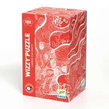 A red-colored puzzle box with intricate patterns and the Wizzy Puzzle brand logo, indicating it is a 100-piece jigsaw puzzle designed for children.