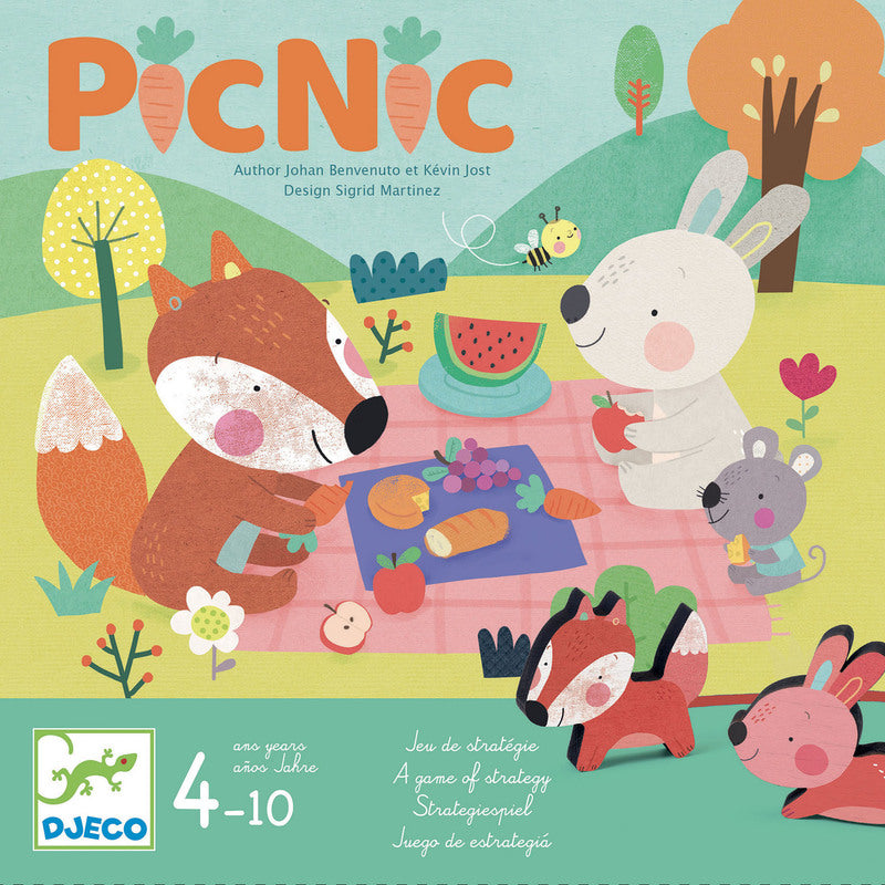 The cover of the 'PicNic' game showing cartoon-style rabbits and foxes playing a game with strings and food tokens, set in a picnic theme.