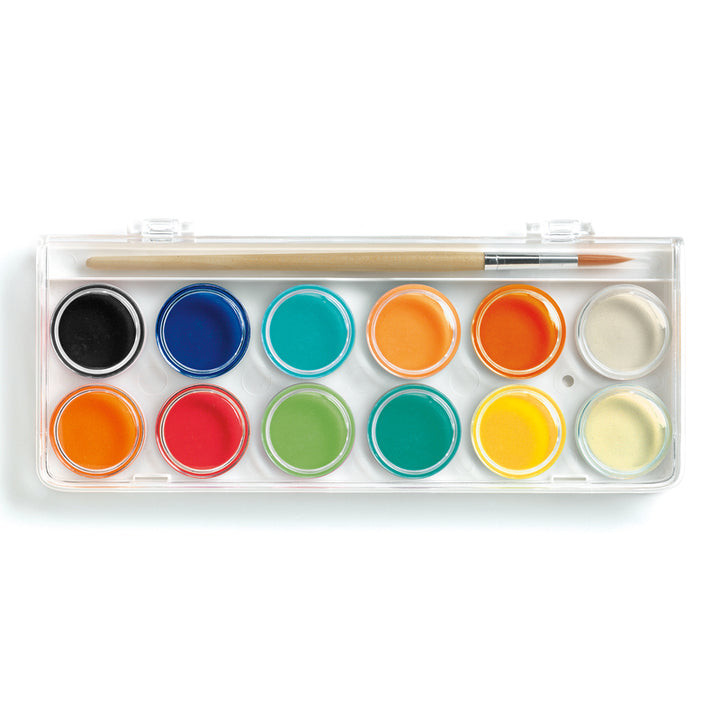 Paint pallet 12 classic water colour paints and brush - Djeco