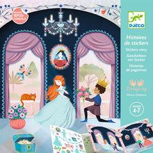 A colorful package of a reposition-able sticker activity titled 'Life in the Castle', showing a princess and a prince stickers, castles, and gardens.