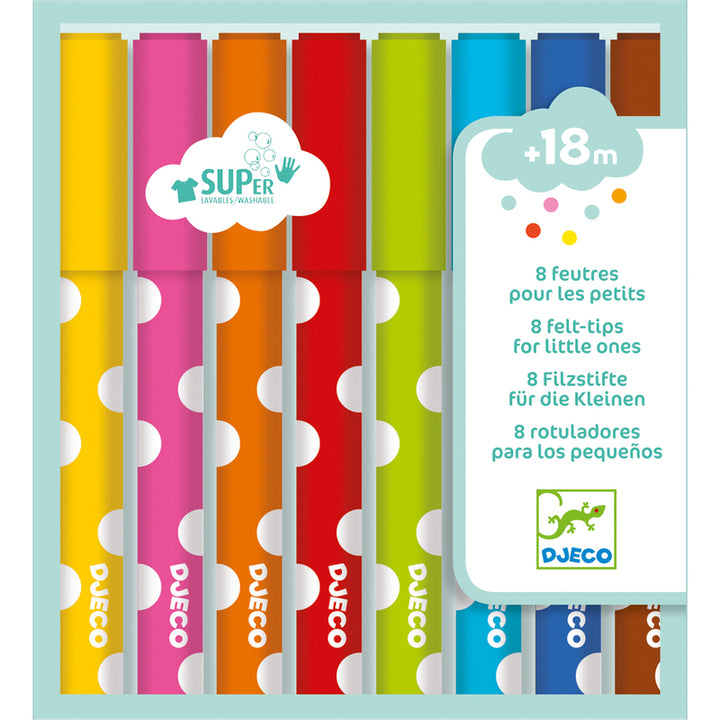 Eight bright coloured washable felt pen markers for children - Djeco at Send A Toy