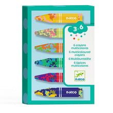 A box of Djeco multi-coloured crayon set with six crayons visible through the open box lid, each crayon featuring a different combination of colors.