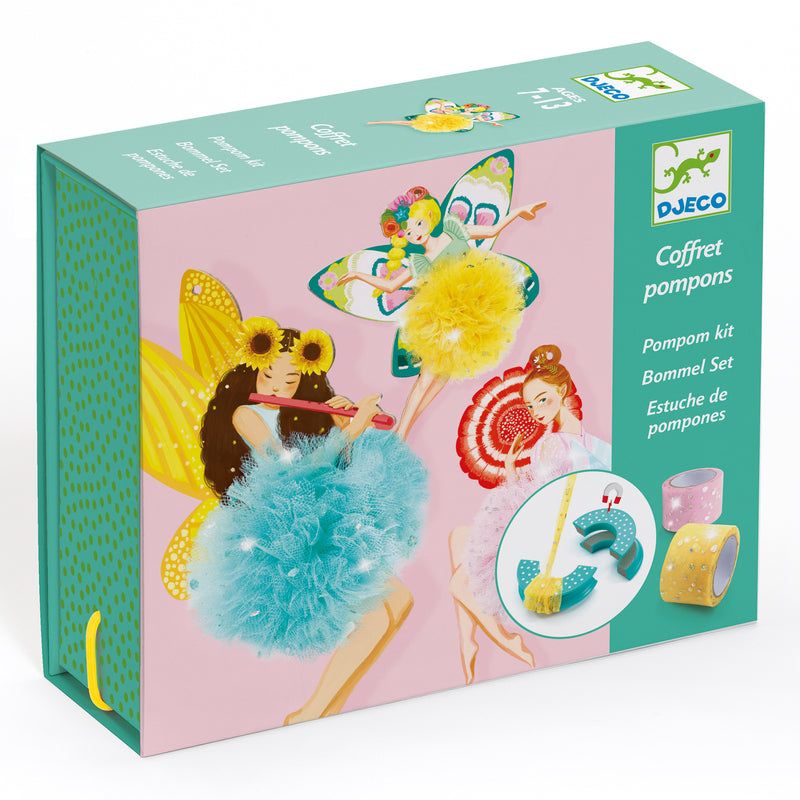 Djeco Fairy Pompoms Craft Kit in green and pink retail box