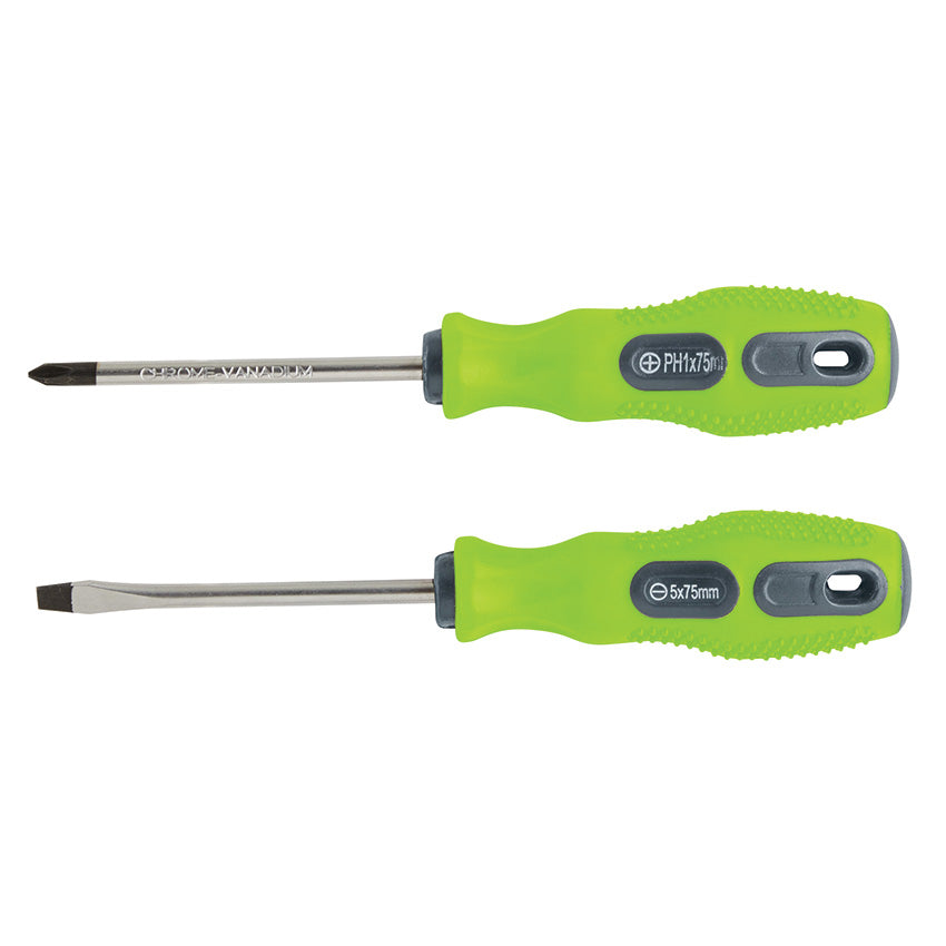 Flat head and phillips screwdrivers with lime green handles, on a white background