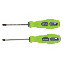Flat head and phillips screwdrivers with lime green handles, on a white background