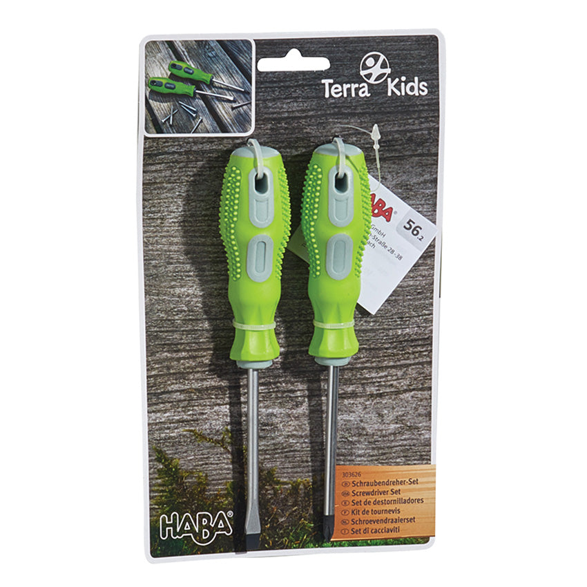 Flat head and phillips screwdrivers with lime green handles, attached to a  cardboard retail backing card.