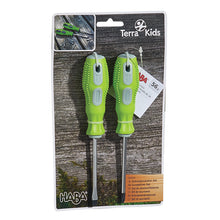 Flat head and phillips screwdrivers with lime green handles, attached to a  cardboard retail backing card.