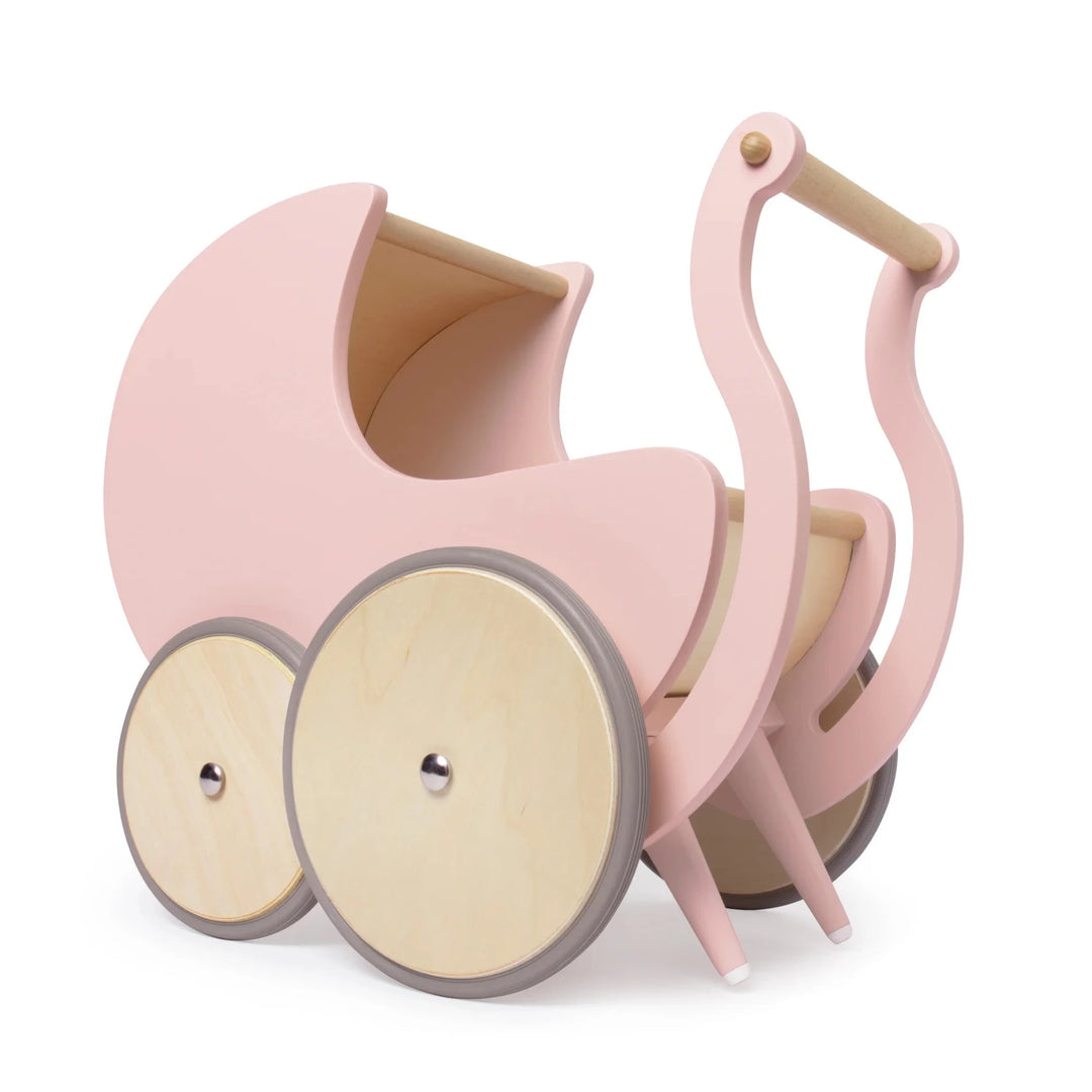 Rose pink wooden walker pram with estra large wheels for stability  - Kinderfeets at Send A Toy