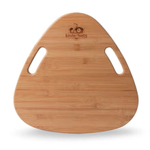 A brown wooden Tummy Glider toy with three wheels and handle cut-outs, designed for young children.