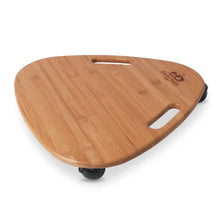 A brown wooden Tummy Glider toy with three wheels and handle cut-outs, designed for young children.