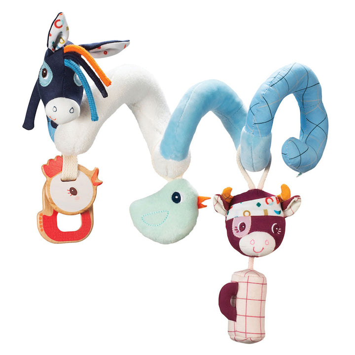 Blue and white donkey fabic pram activity spiral with wooden chicken teether , green bird squeaker and cow hanging toy - Lilliputiens Toys at Send  A Toy