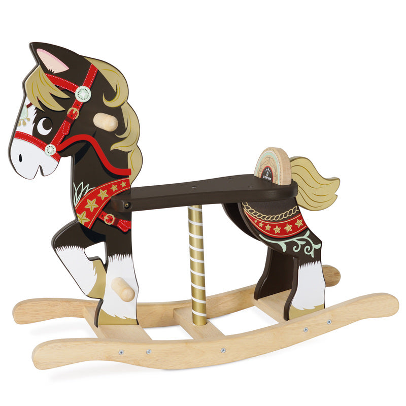 A traditional wooden rocking horse with brown and white color scheme, featuring hand and foot grips, and decorative carousel horse and reins artwork.