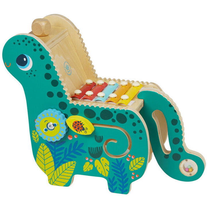 Green smiling wooden dinosaur music station toy - Manhattan Toys at Send A Toy