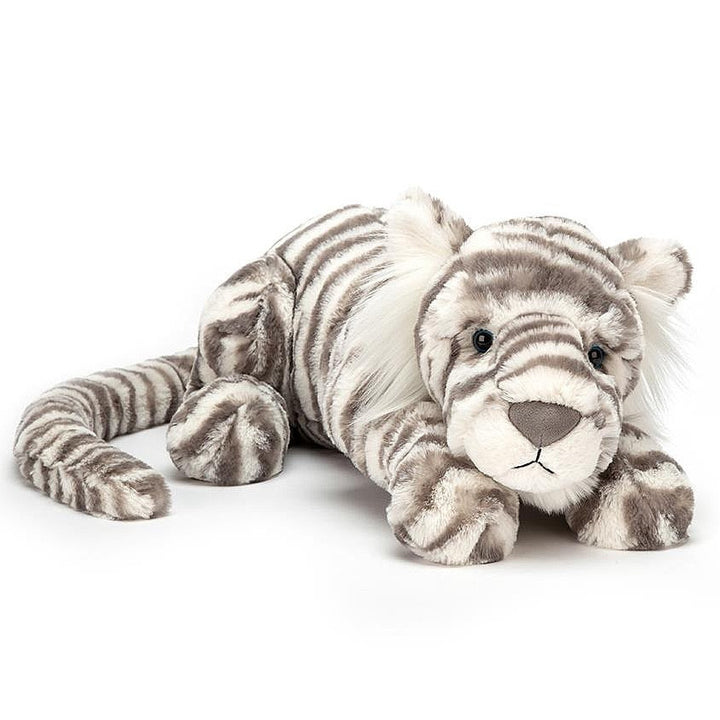 Jellycat Sacha Snow Tiger stuffed animal with  warm grey and creamy stripes, ong squishy tail, silky whiskers and big soft paws - Jellycat soft toys at Send A Toy