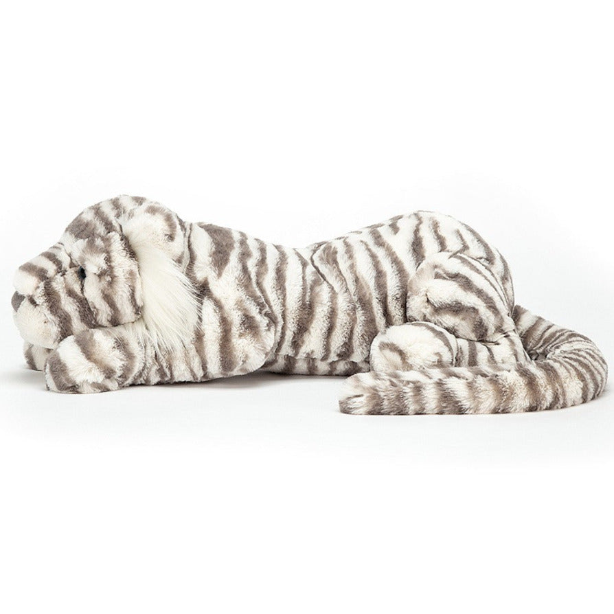 Jellycat Sacha Snow Tiger stuffed animal with  warm grey and creamy stripes, ong squishy tail, silky whiskers and big soft paws - Jellycat soft toys at Send A Toy