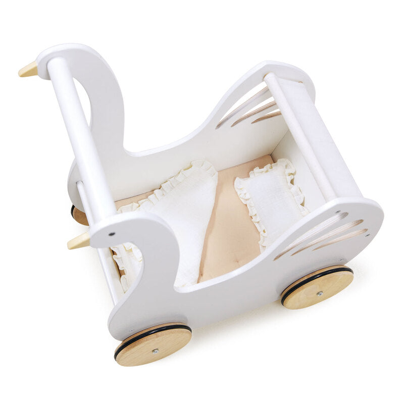 White wooden dolls pram shaped like a swan on a white background