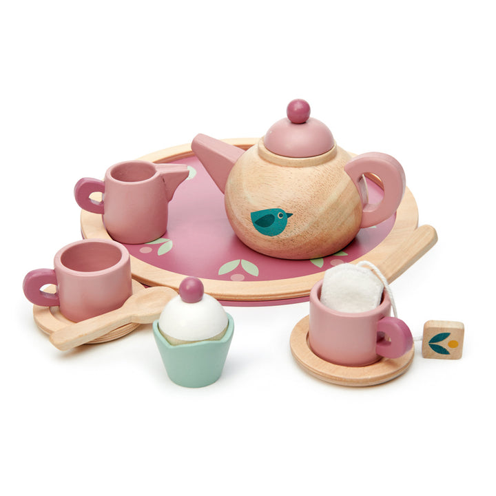 Wooden pink tea set with cute bird motifs -  Tender Leaf Toys