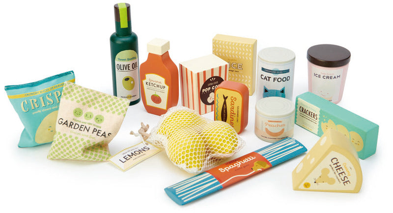 Wooden Supermarket Grocery pretend play food set with lemons, sardines, cheese, olive oil, rice, crisps, ice cream and cat food. Tenderleaf Toys brand - Send A Toy