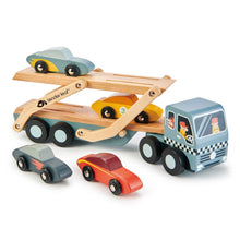 Wooden cart transporter truck, grey cabin, with four wooden race cards - tenderleaf toys brand - Send A Toy