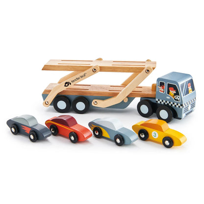 Wooden cart transporter truck, grey cabin, with four wooden race cards - tenderleaf toys brand - Send A Toy