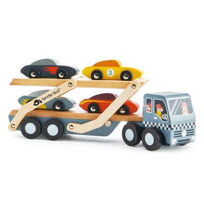 Wooden cart transporter truck, grey cabin, with four wooden race cards - tenderleaf toys brand - Send A Toy
