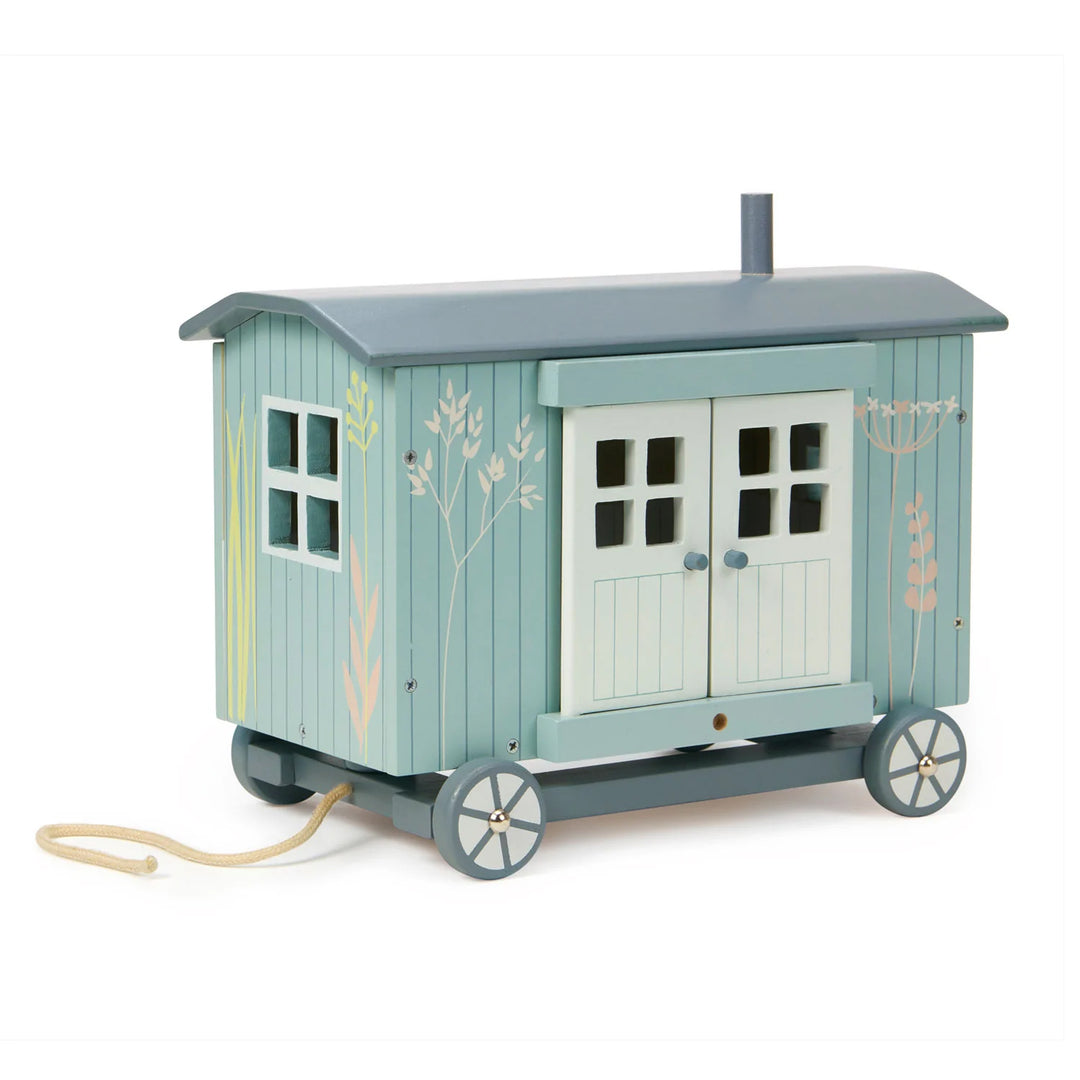 Plue wooden pull-along caravan hut toy - Tender Leaf Toys - Send A Toy