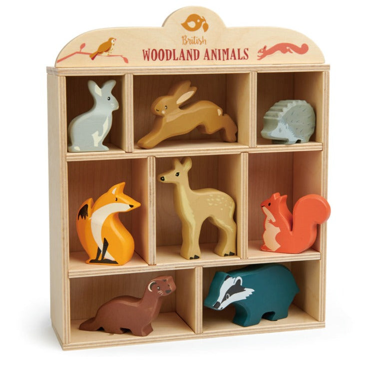 Wooden woodland animal figures with natural wood display shelf - Tenderleaf toys
