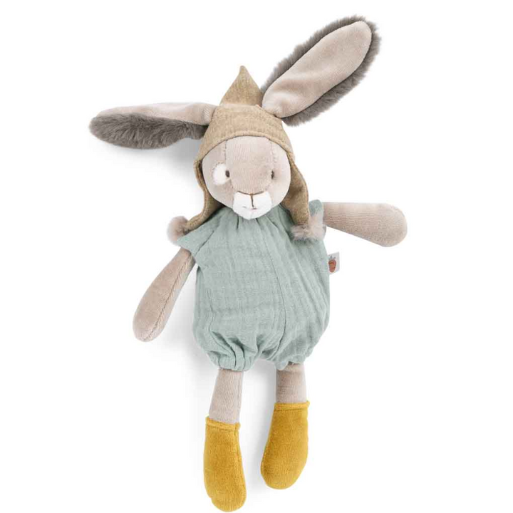Trois Petits Lapins sage little rabbit wearing hat, sage green jumpsuit and mustard coloured booties. Moulin Roty brand - at Send A Toy