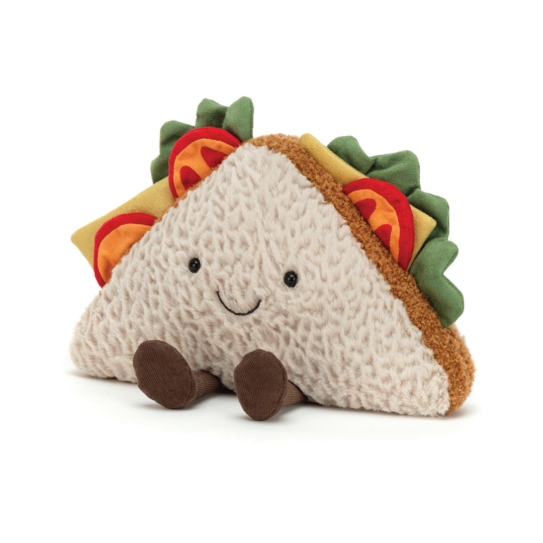 Jellycat Amuseable Sandwich soft toy with lettuce, cheese, tomato, smiling face, brown legs - As Send A Toy