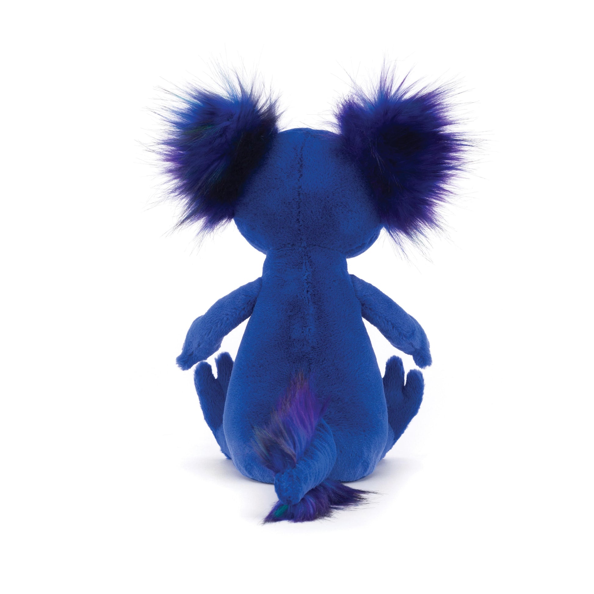 A plush toy resembling an axolotl with blue body and purple, green, and indigo tufts of fur.